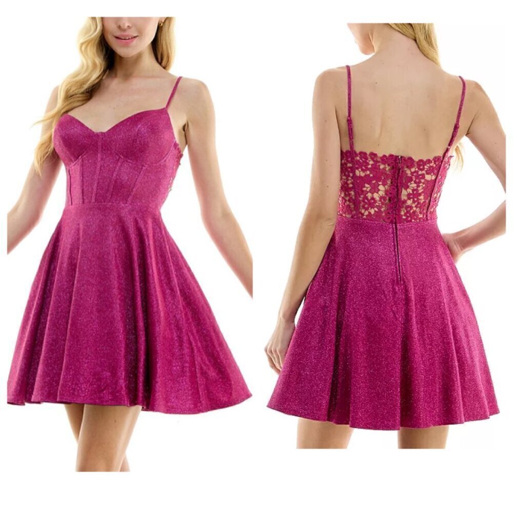 City Studio Womens Glitter Mini Party Fit & Flare Dress Juniors Sz 1/2 Pink